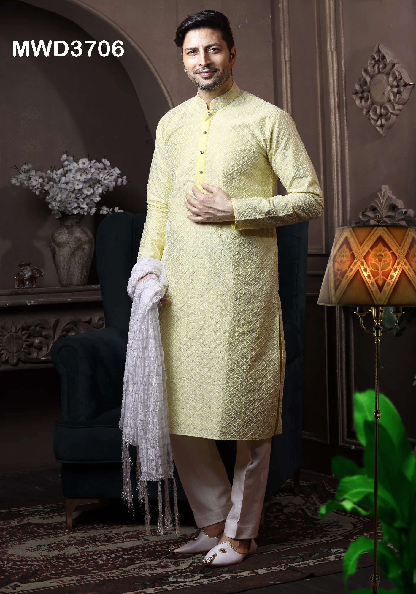 Readymade Yellow Chikankari Embroidered Silk Kurta Pajama, 36-1.webp